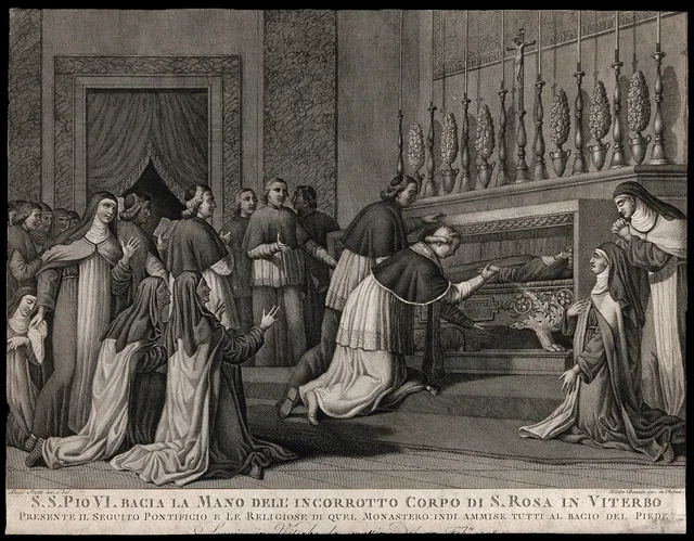 Pope Pius VI venerating the body of Saint Rose of Viterbo during his 1798 visit, engraved by Pietro Bonato after Luigi Scotti; probably Rome, about 1801. Wellcome Collection, 7147i (V0032973).