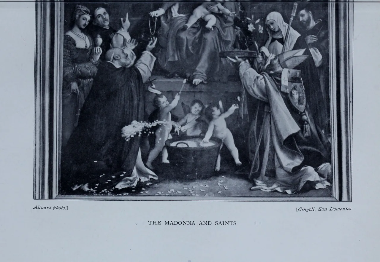 Historical photograph of the lower portion of Lotto’s Madonna and Saints, with Sperandia at upper right holding lilies and a crucifix.