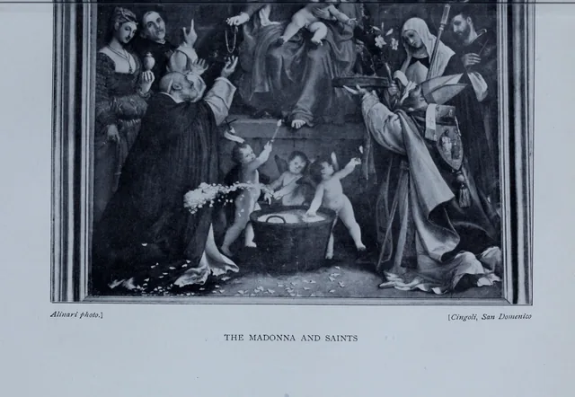 Historical photograph of the lower portion of Lotto’s Madonna and Saints, with Sperandia at upper right holding lilies and a crucifix.