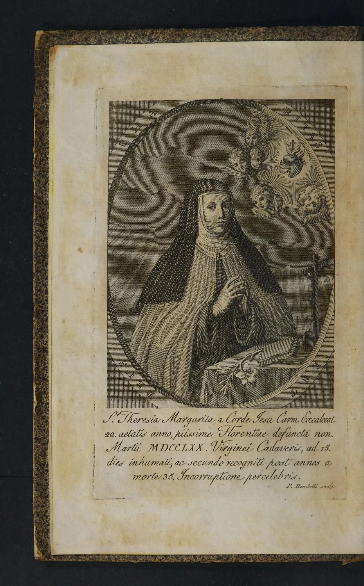 An 1806 engraving shows Teresa Margaret in a Carmelite habit, hands joined in prayer, with a crucifix, lily and Sacred Heart.