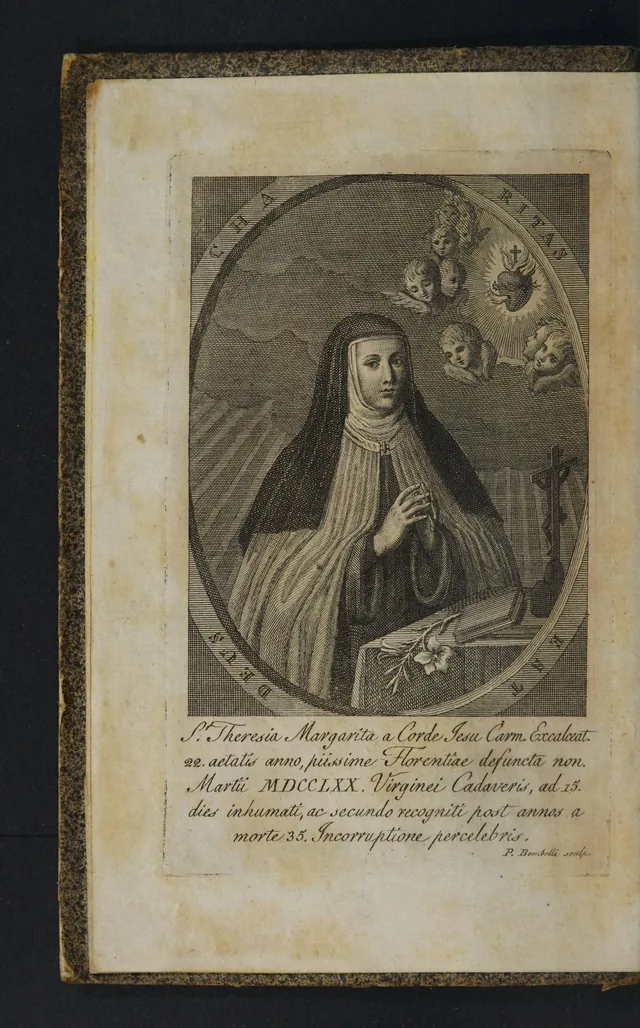An 1806 engraving shows Teresa Margaret in a Carmelite habit, hands joined in prayer, with a crucifix, lily and Sacred Heart.