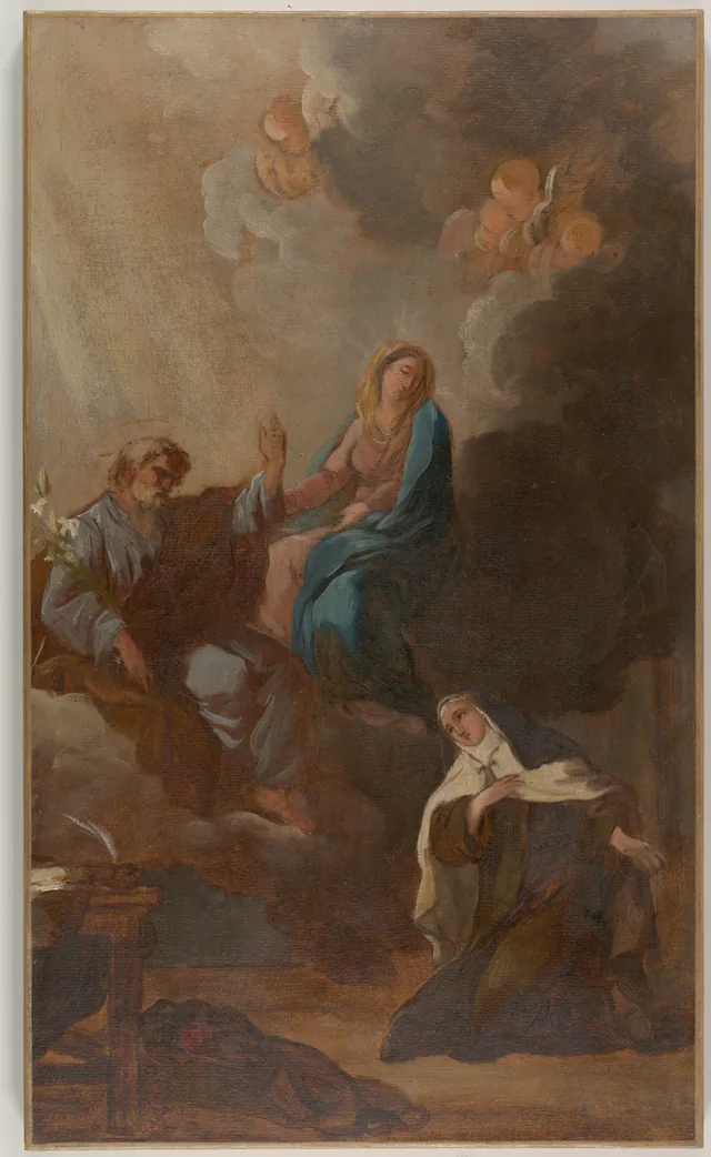 François Guillaume Ménageot, The Virgin Placing St. Teresa of Avila Under the Protection of St. Joseph, ca. 1787. Saint Teresa kneels at lower right in this preparatory sketch; it is not a life portrait or documentary image. The Met, 1991.48.