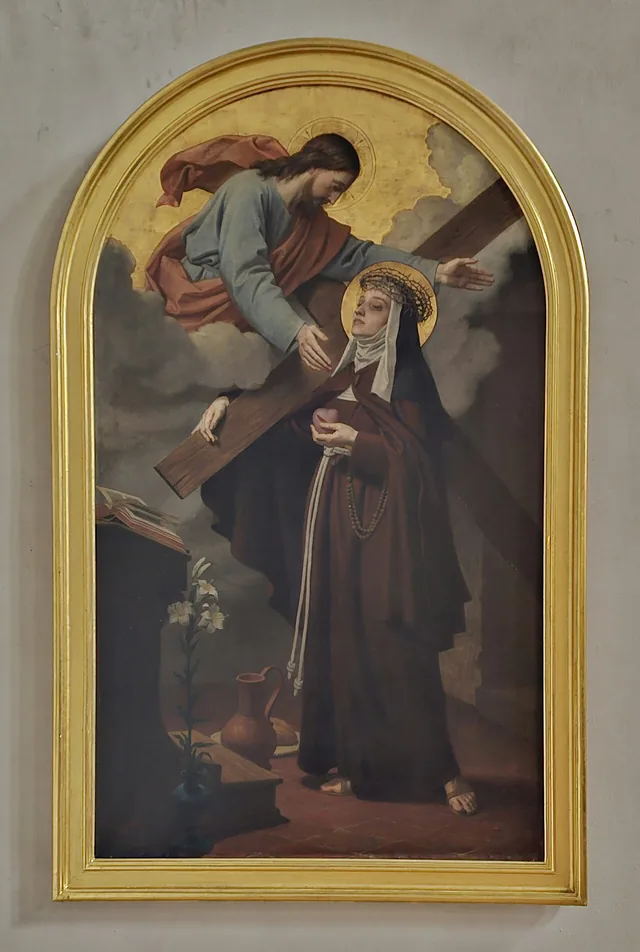 Veronica Giuliani, wearing a crown of thorns, stands with Christ and a cross in an arched nineteenth-century altarpiece.