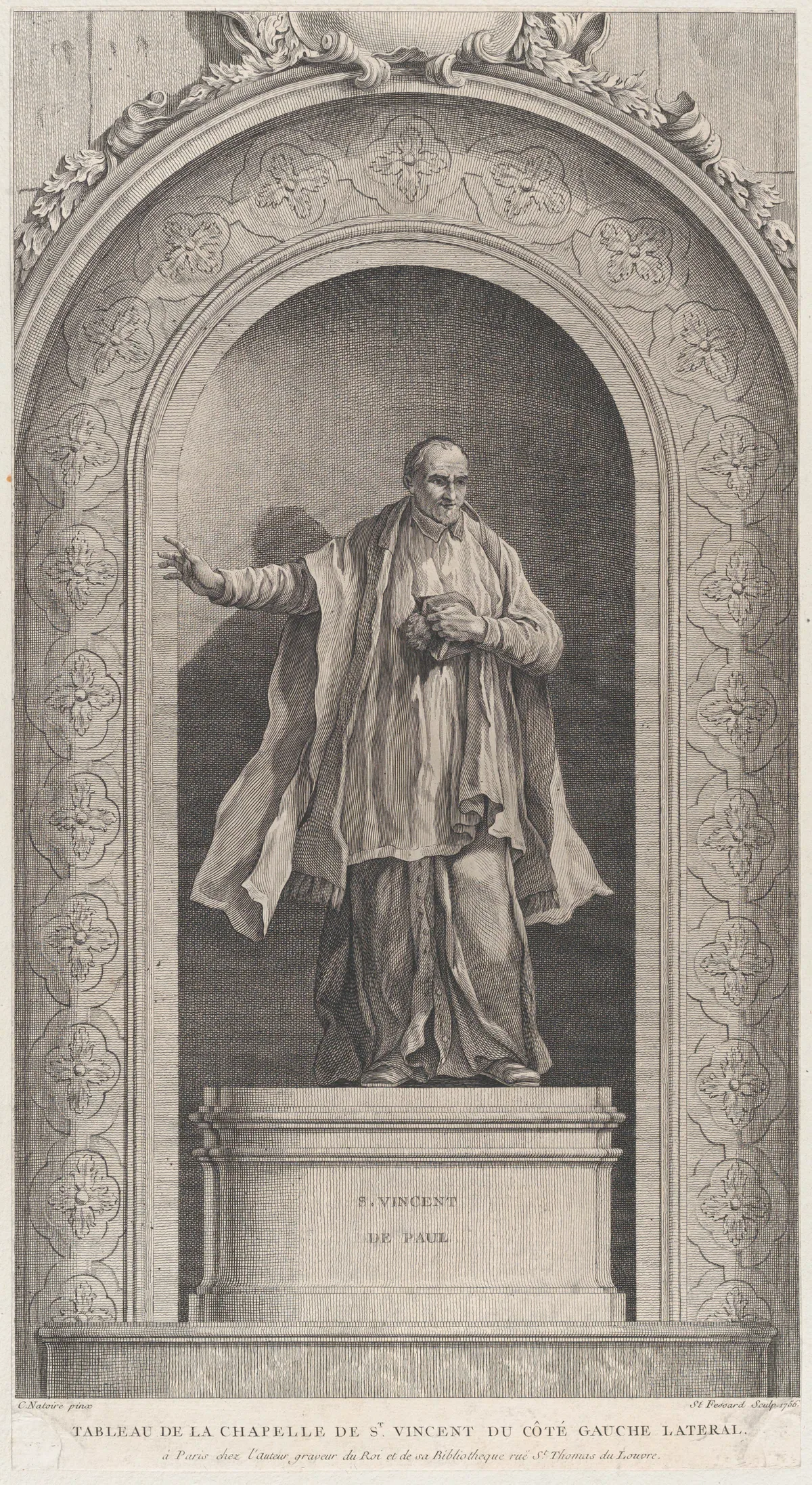 Etienne Fessard’s 1756 engraving after Charles Joseph Natoire depicts Saint Vincent de Paul in the Chapel of the Enfants-Trouvés in Paris. It belongs to a print series made after Natoire’s chapel paintings before the chapel was destroyed in the nineteenth century.