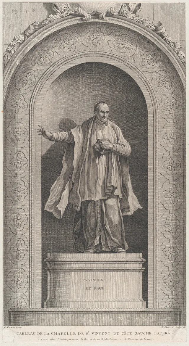 Etienne Fessard’s 1756 engraving after Charles Joseph Natoire depicts Saint Vincent de Paul in the Chapel of the Enfants-Trouvés in Paris. It belongs to a print series made after Natoire’s chapel paintings before the chapel was destroyed in the nineteenth century.