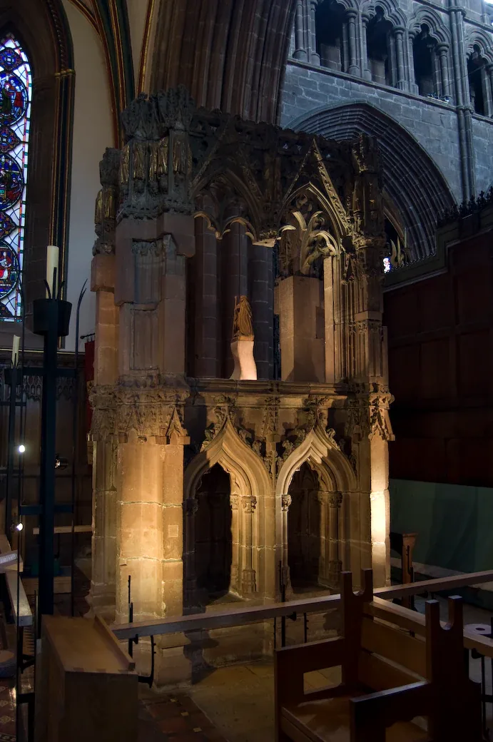 The fourteenth-century stone shrine of Saint Werburgh, reconstructed in the nineteenth century, behind the high altar in Chester Cathedral.